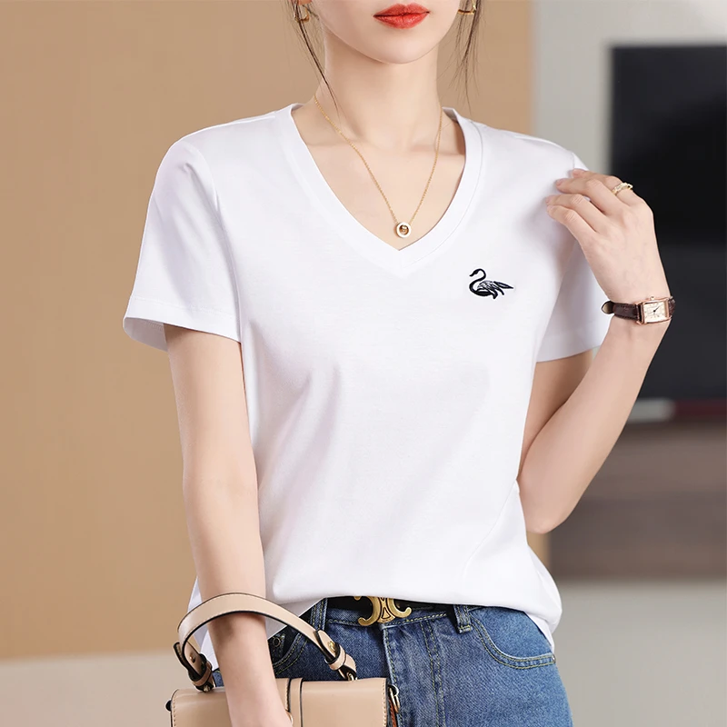 【100%棉】刺绣丝光棉刺绣V领棉T