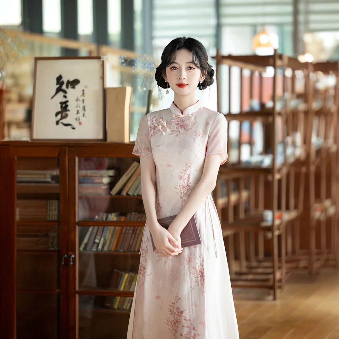 [素手浣花]新中式奥黛旗袍日常款优雅显瘦遮肚子小个子国风旗袍裙