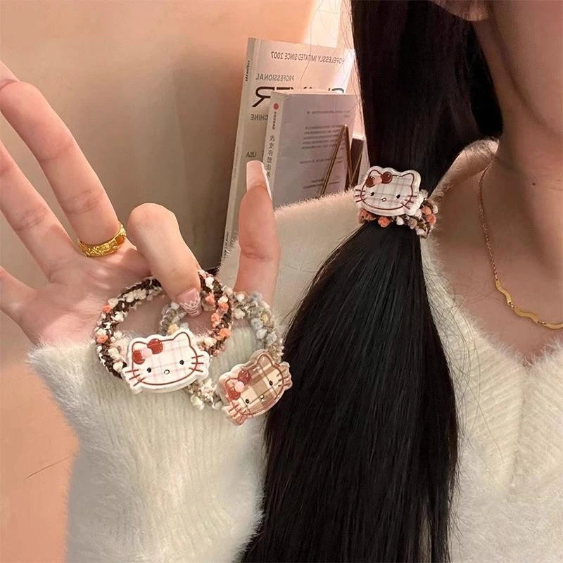 日系可爱咖色格纹kt猫发圈新款ins少女心可爱百搭刘海卡通头饰