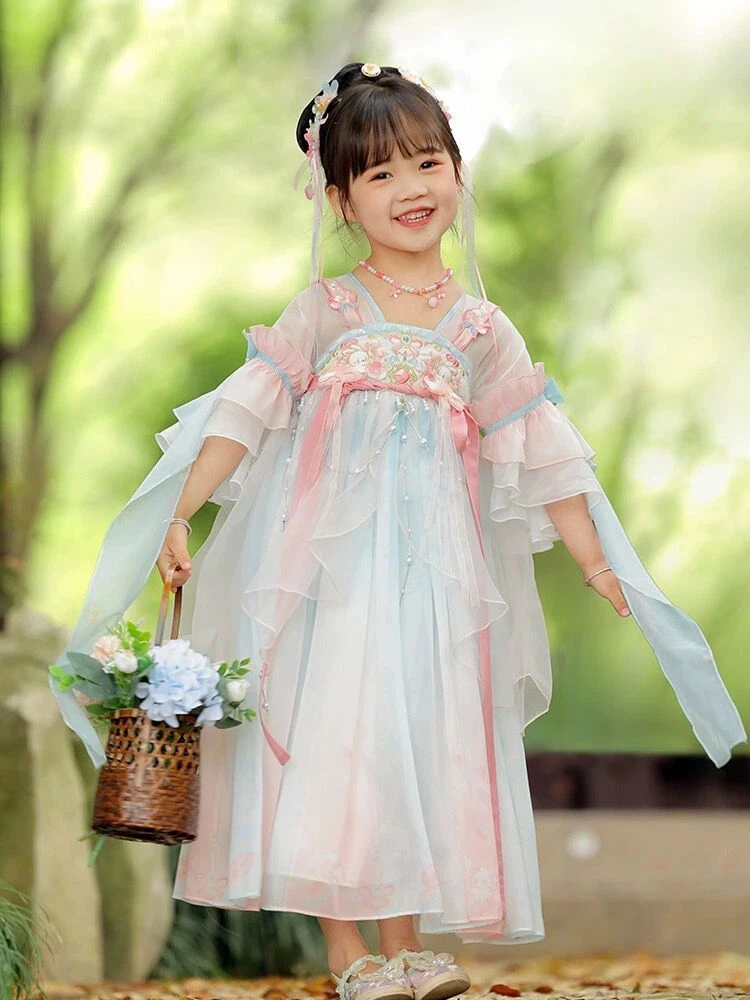 【珠桃】汉服女童夏季超仙古风2024古装襦裙儿童短袖小女孩连衣裙