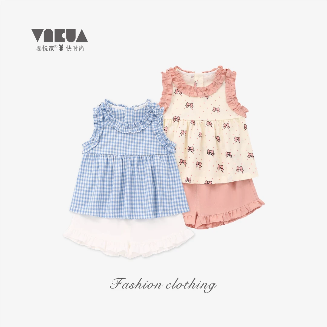婴悦家夏季时尚洋气可爱甜美格子蝴蝶结套装 87332+87333