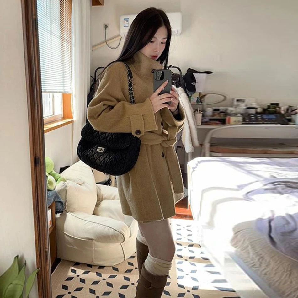 2025秋冬中长款双面绒毛呢外套女洋气时尚立领小个子短款呢子大衣