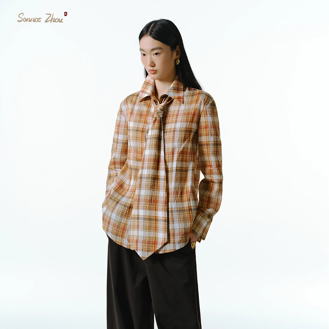 sennoszhou 牧昏朝歌格纹领带正肩衬衫 Y58009