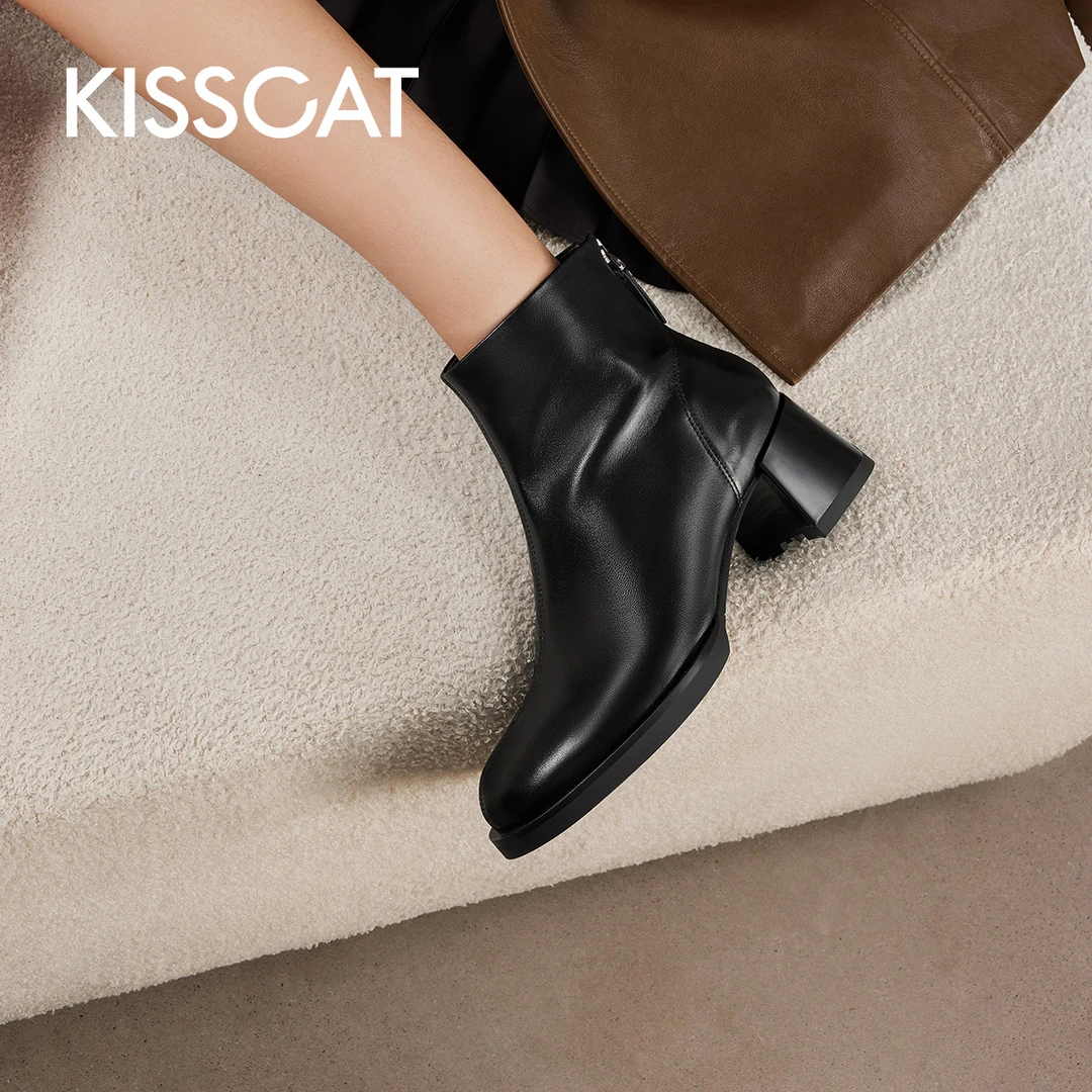【达人专属】接吻猫新款短靴通勤复古瘦瘦靴加绒时装靴女KA43718-10