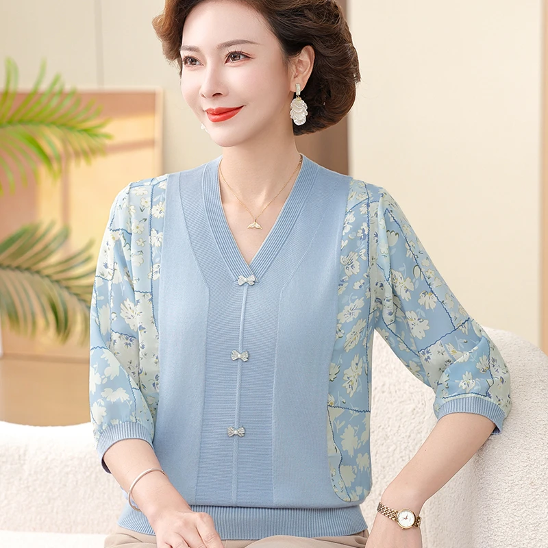 2025新款妈妈春装七分袖新中式针织打底衫中老年女夏季纱袖T恤薄