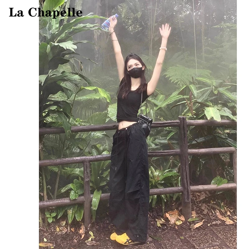 拉夏贝尔黑色美式辣妹阔腿工装裤女2025春季新款宽松束脚休闲裤子