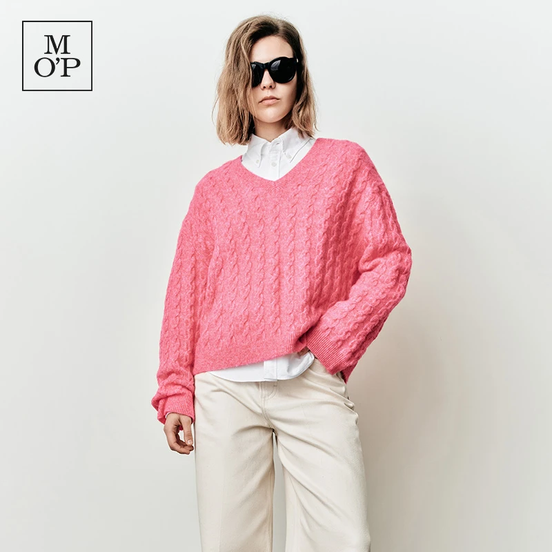 Marc O'Polo/MOP欧若风春时尚V领绞花长袖套头衫百搭宽松毛衣针织