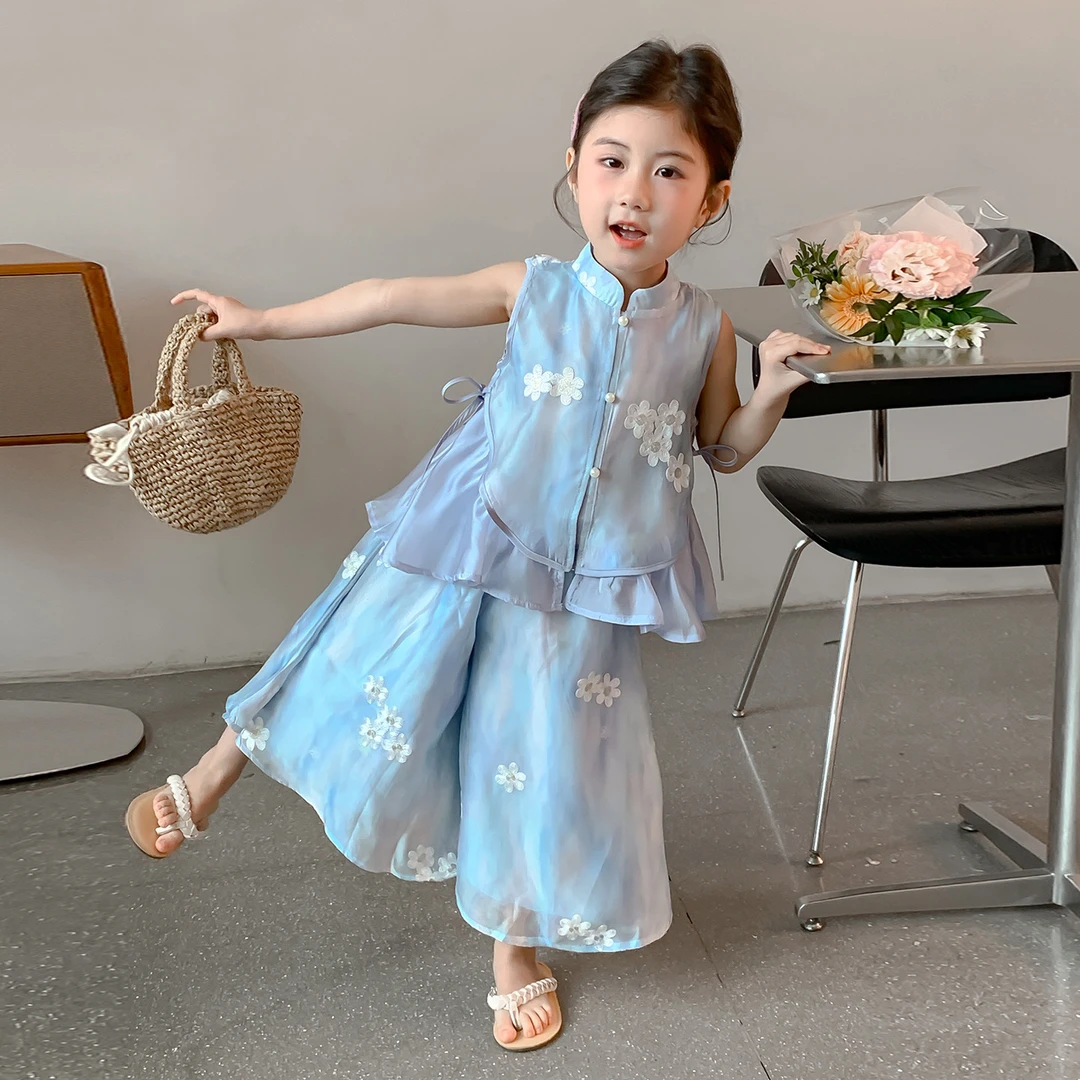 女童套装2025新款洋气女宝宝夏季国风阔腿裤两件套儿童新中式汉服