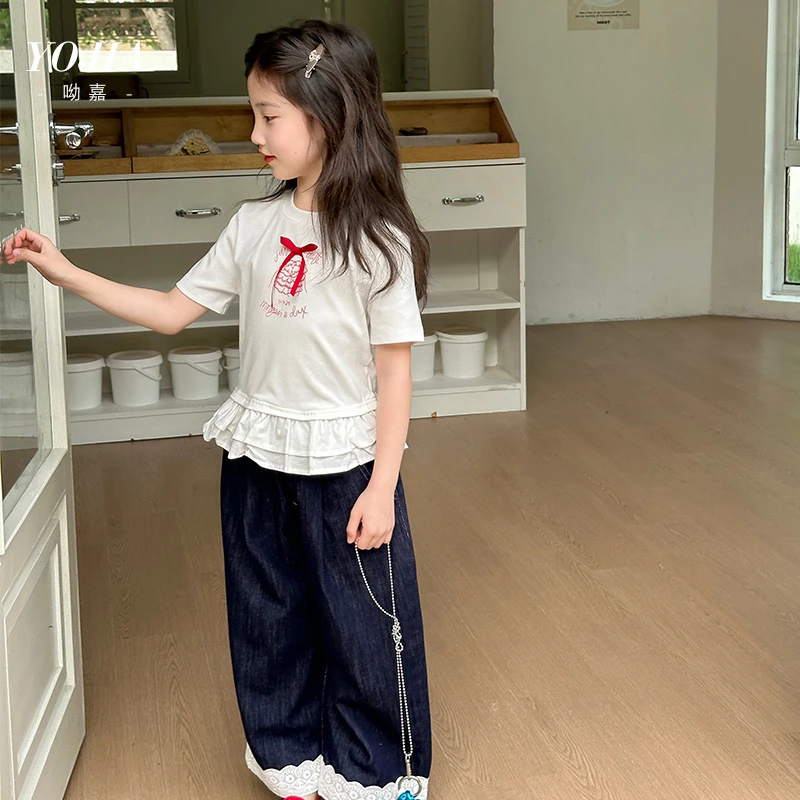 YOJIA女童短袖T恤夏季2025新款洋气甜美中大童半袖衣服儿童装夏装