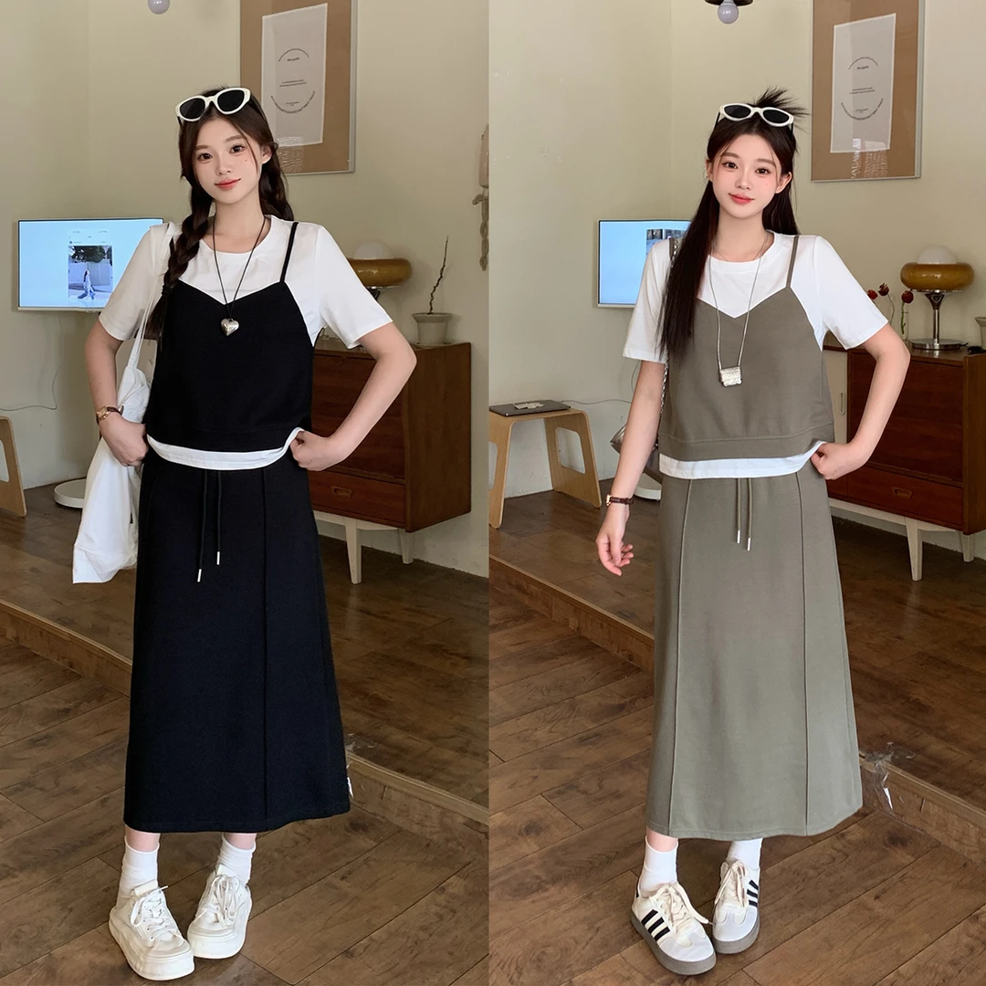 2025夏季新款大码女胖mm假两件短袖T恤半身裙套装休闲两件套64528