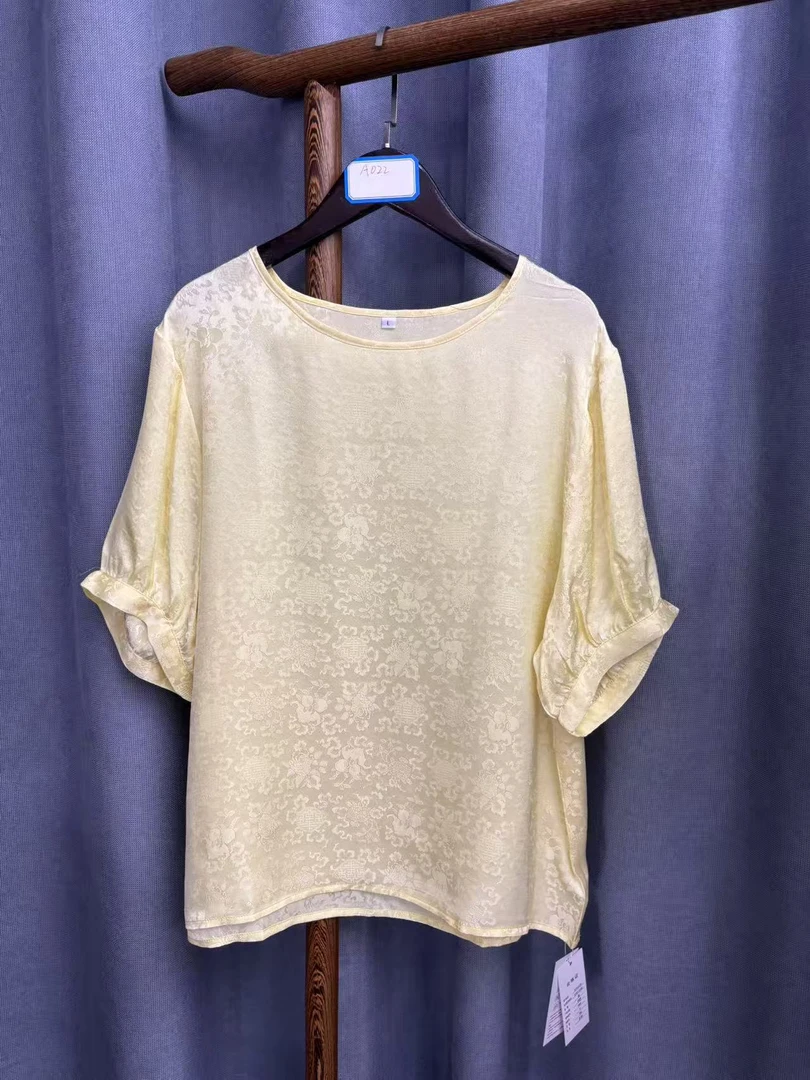 2025夏季新款休闲宽松百搭圆领桑蚕丝上衣短袖女A022