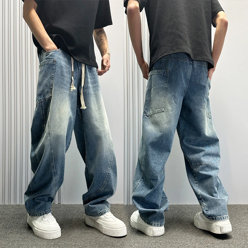 美式高街宽松立体拼接工装牛仔裤男夏薄款圆月弯刀阔腿裤痞帅潮流