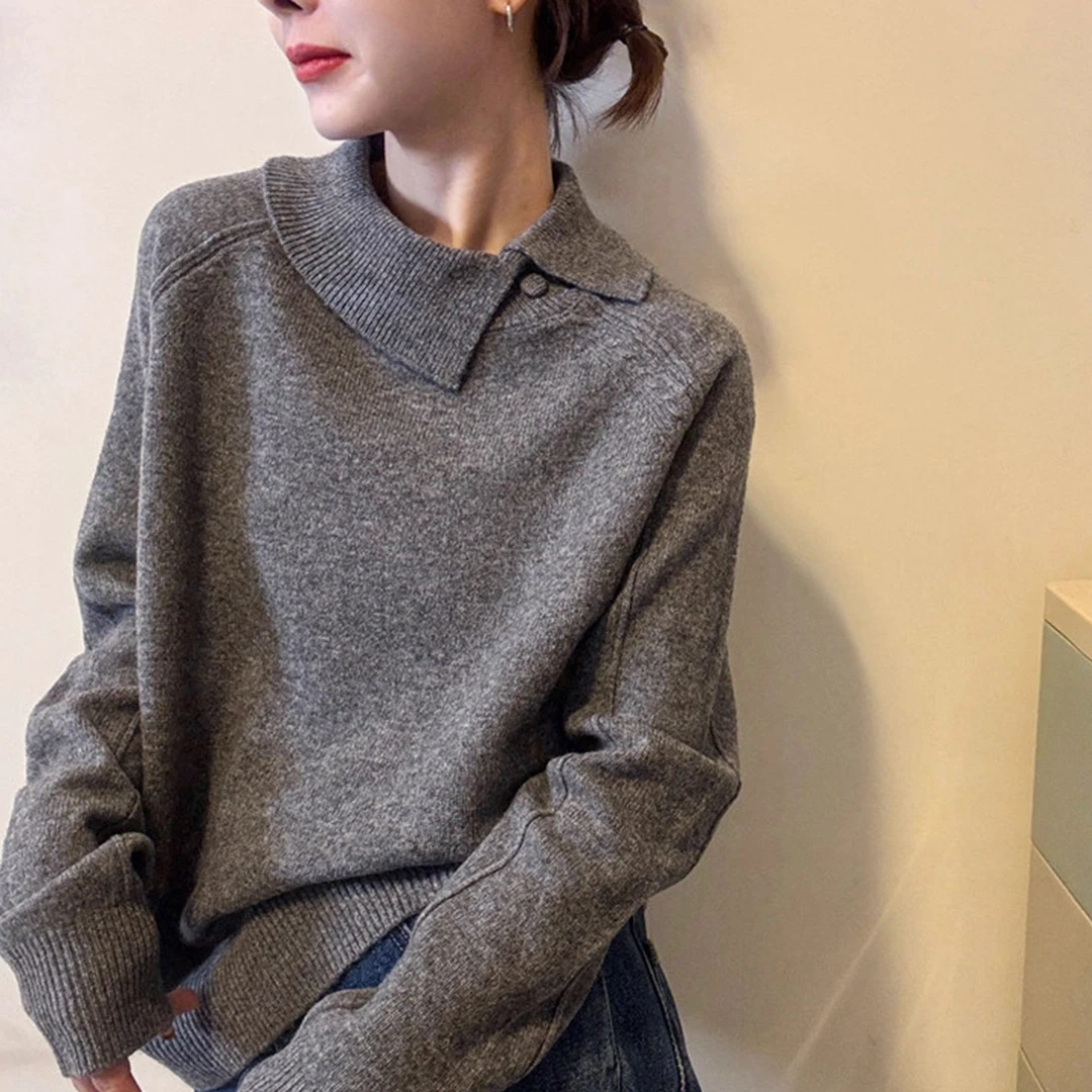 拉夏贝尔韩系气质翻领针织衫女秋冬新款宽松百搭毛衣打底长袖上衣