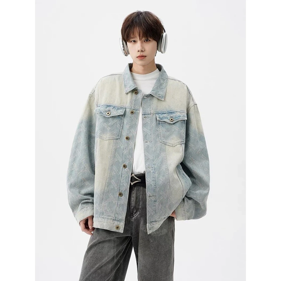 2025春秋季渐变肌理感牛仔夹克潮流高街设计感水洗做旧外套男上衣