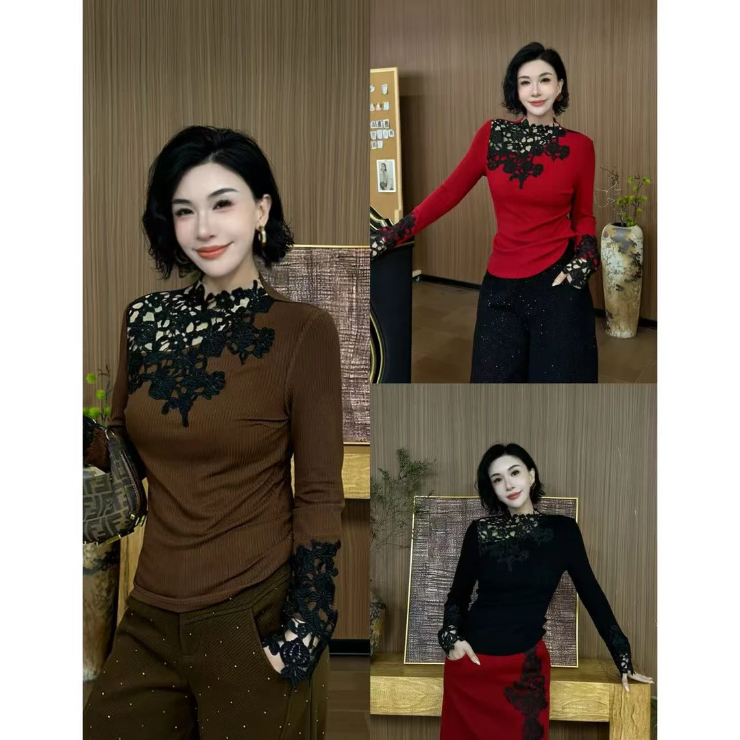 SONG-原创【绣缕含烟】设计师新款时尚假透肤拼蕾丝设计百搭上衣