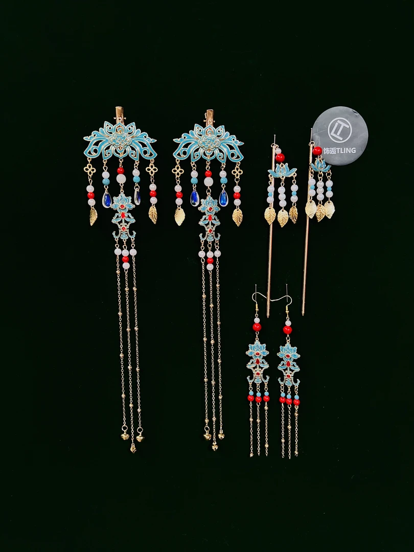 【白马寺】饰逅原创景泰蓝莲花国风侧边夹后压流苏发饰