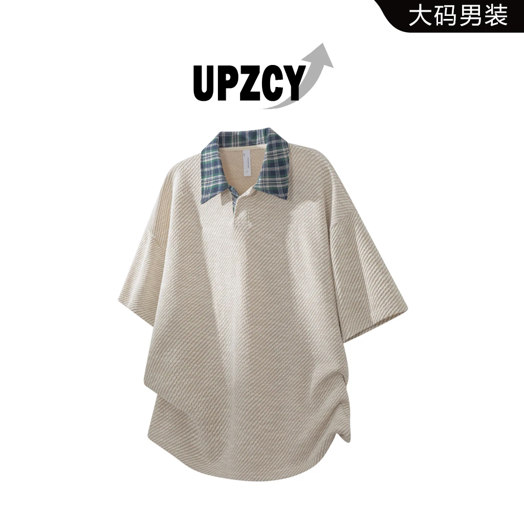UPZCY美式大码复古POLO衫男格子领夏季百搭假两件短袖高级感男装