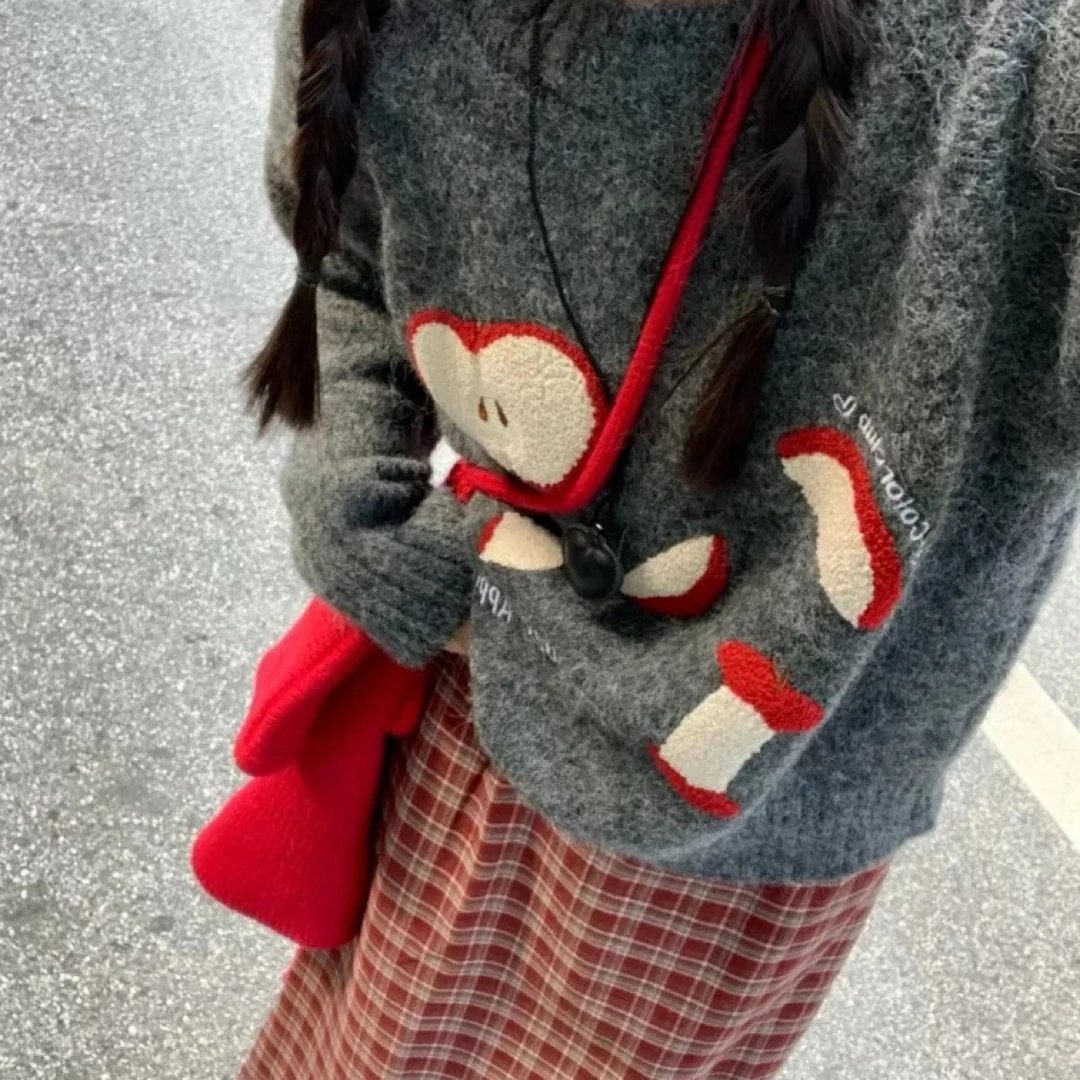 甜美风套装宽松苹果长袖毛衣女秋季复古格子半身裙两件套