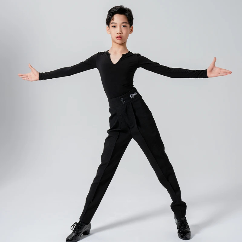 歌瑞亚秋冬新款男少儿舞服小V领长袖拉丁舞上衣长裤演出服练习服