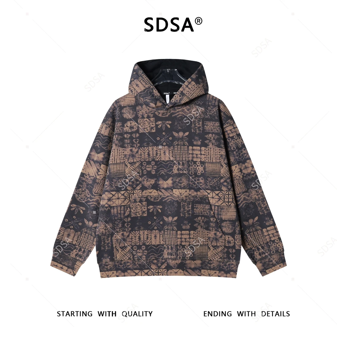 SDSA男士秋冬新款痞帅男装设计师撞色植物花卉连帽卫衣复古百搭