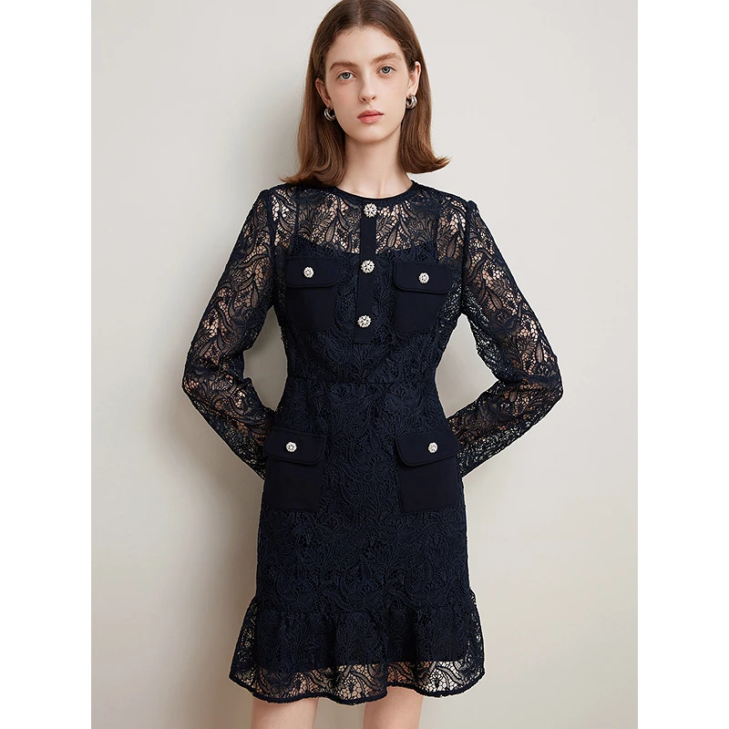 Goodland美地秋季新款法式优雅蕾丝荷叶花边连衣裙LC35105090