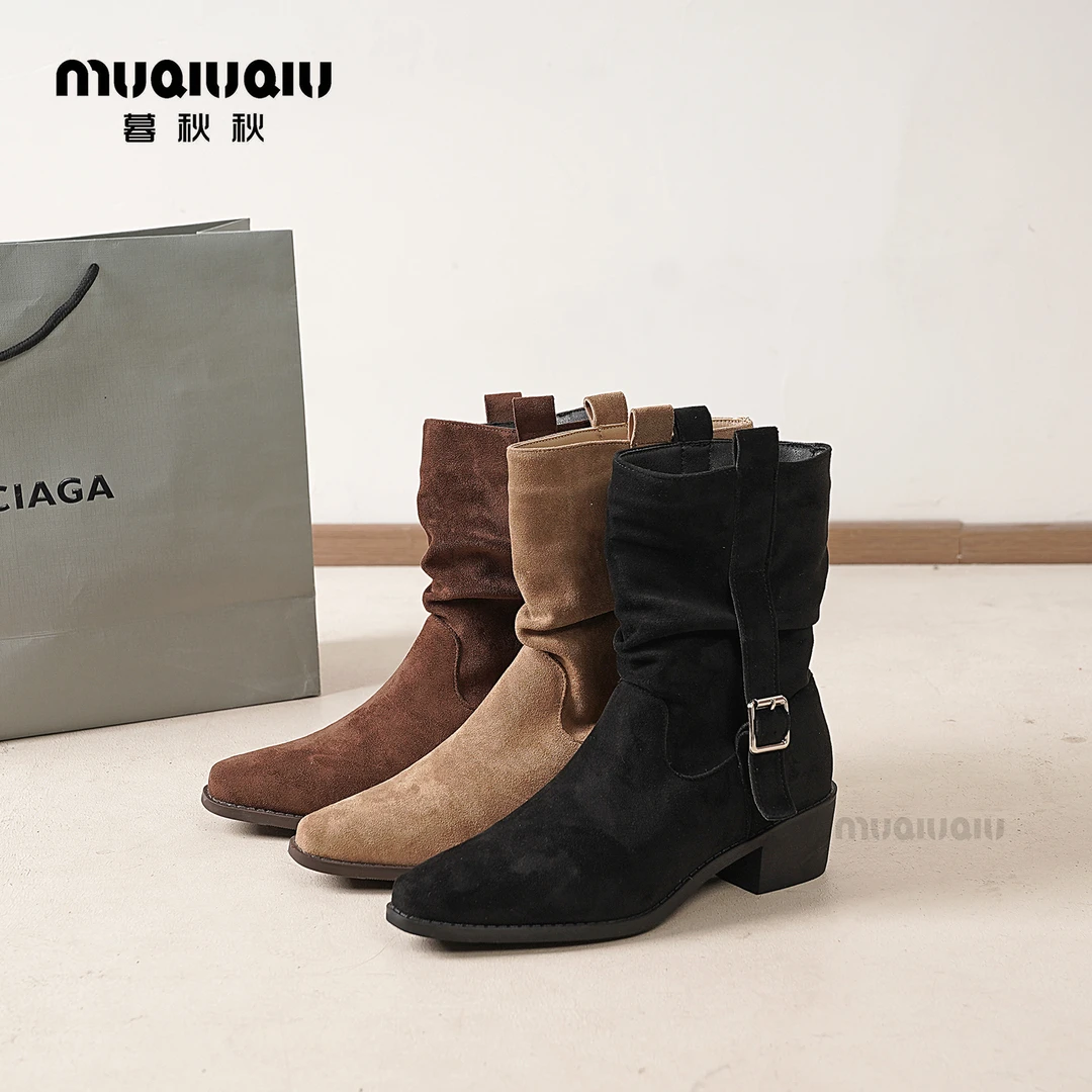 暮秋秋韩版褶皱洋气堆堆靴2025秋季新款时尚显瘦百搭休闲马丁靴女