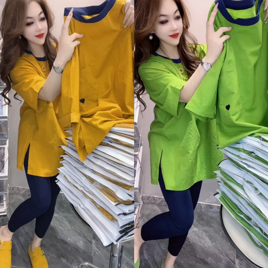 纯色短袖中长款开叉网红洋气时尚休闲夏季宽松韩版