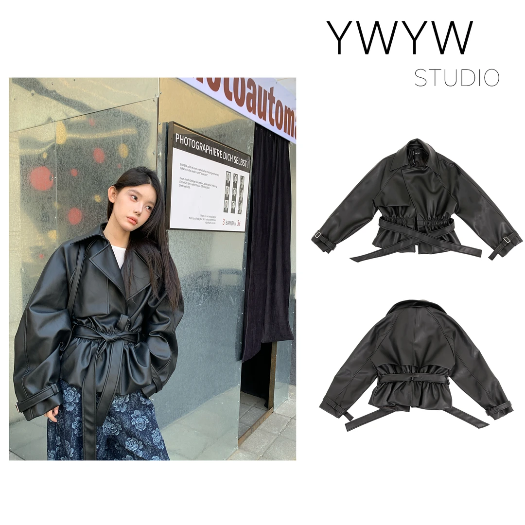 【福利款NO退换】纯色气质百搭PU质感“抽褶腰带”翻领擦肩皮衣3790