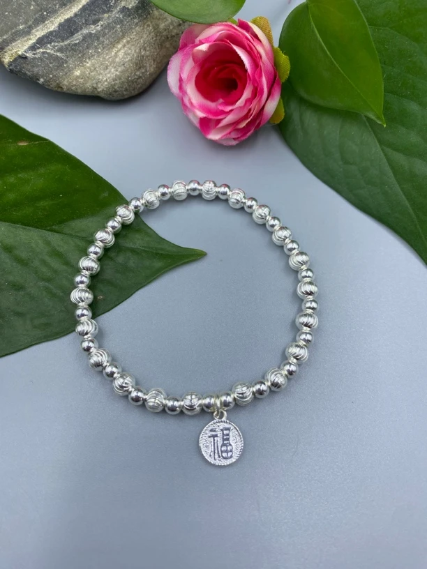 足银手链 侗石記 足银999.9珠珠福字手链