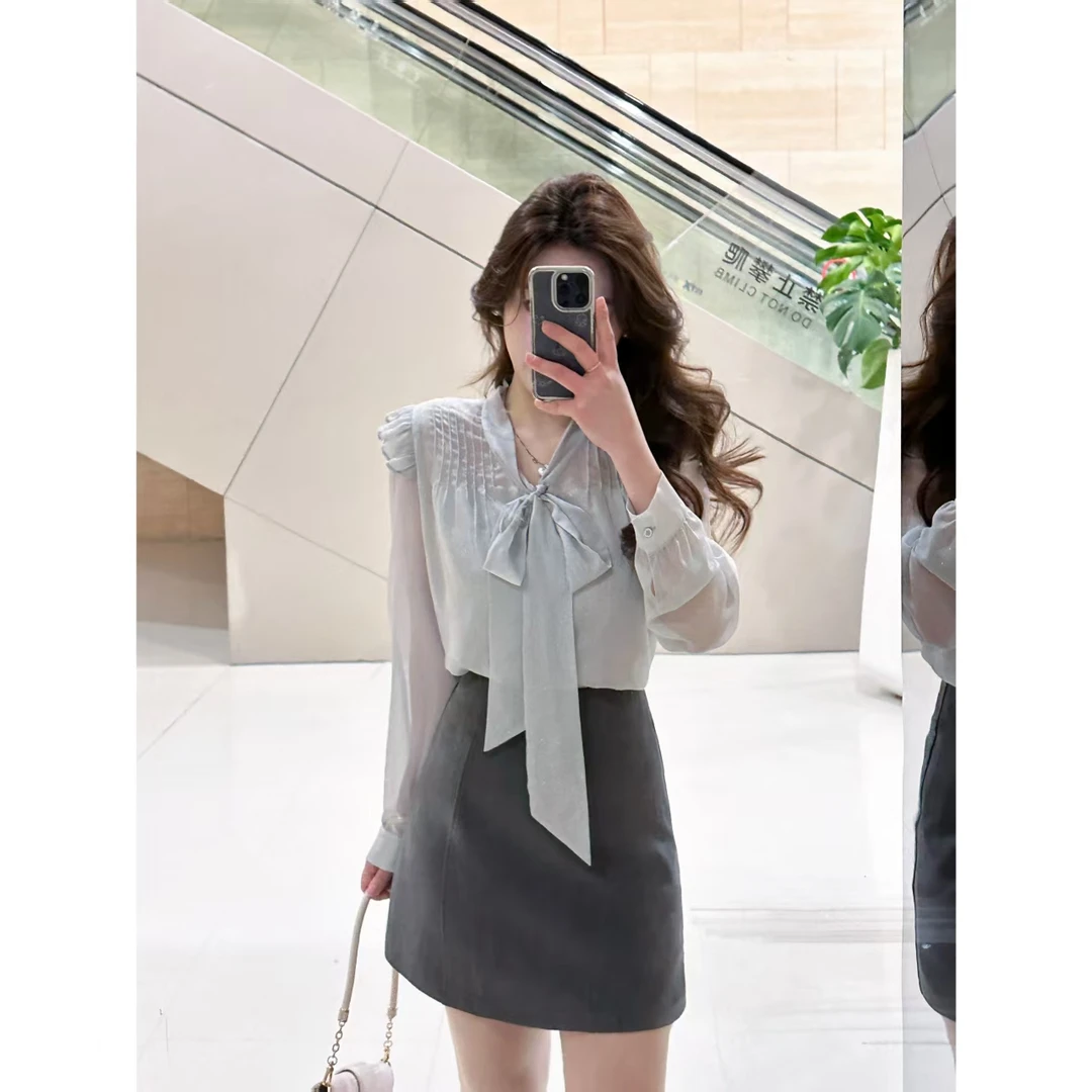 M u子酱微胖定制V领压褶长袖雪纺吊带衬衫+灰色短裙WP9396+WP9400