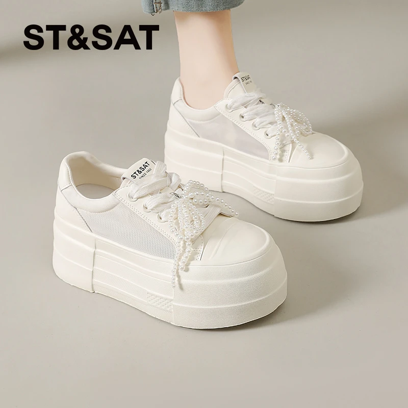 星期六芭蕾风小白鞋女2025夏季新款凉鞋透气网鞋增高网面板鞋女款