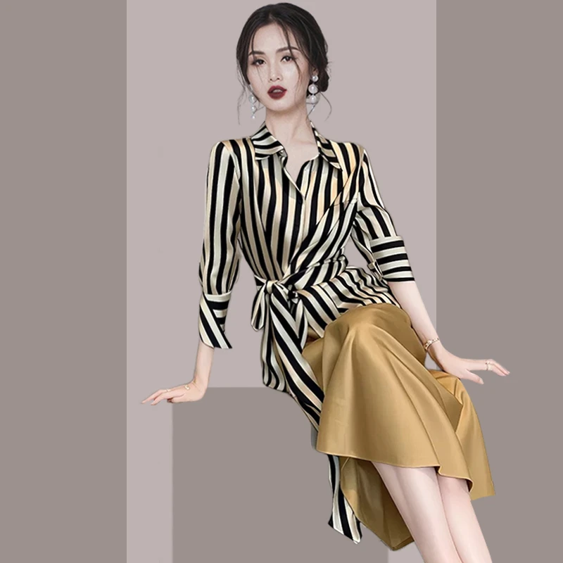 春季新款高级感时尚干练气质女神范高端时尚条纹衬衫半身裙套装