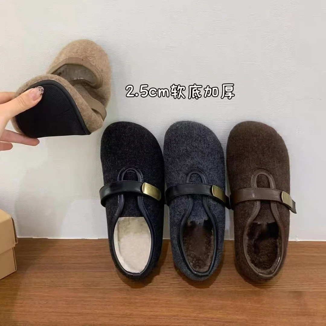 毛毛深口圆头绒面博肯鞋玛丽珍鞋女2025秋冬新款复古加绒豆豆棉鞋