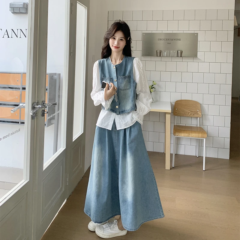 休闲时尚牛仔三件套女2025春新款气质马甲绣花衬衫高腰半身裙套装