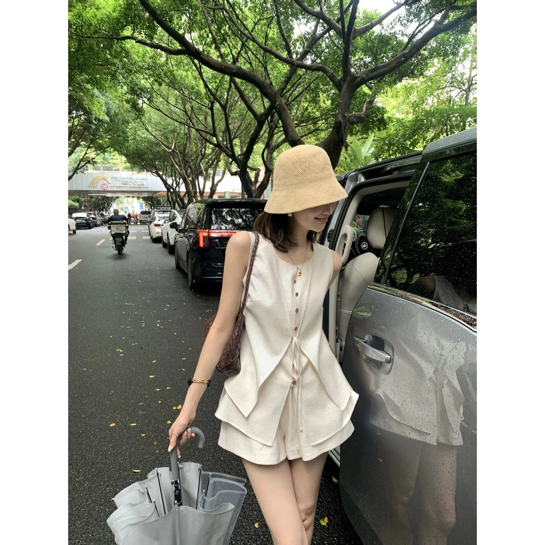 泰兰德巷尾老钱风气质时尚亚麻套装女松弛背心马甲阔腿短款两件套