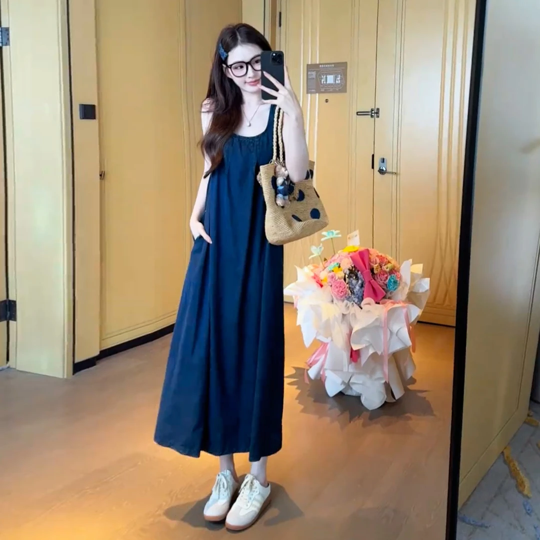 无袖蓝色吊带连衣裙子女夏季2025新款海边度假穿搭长裙高级感5549