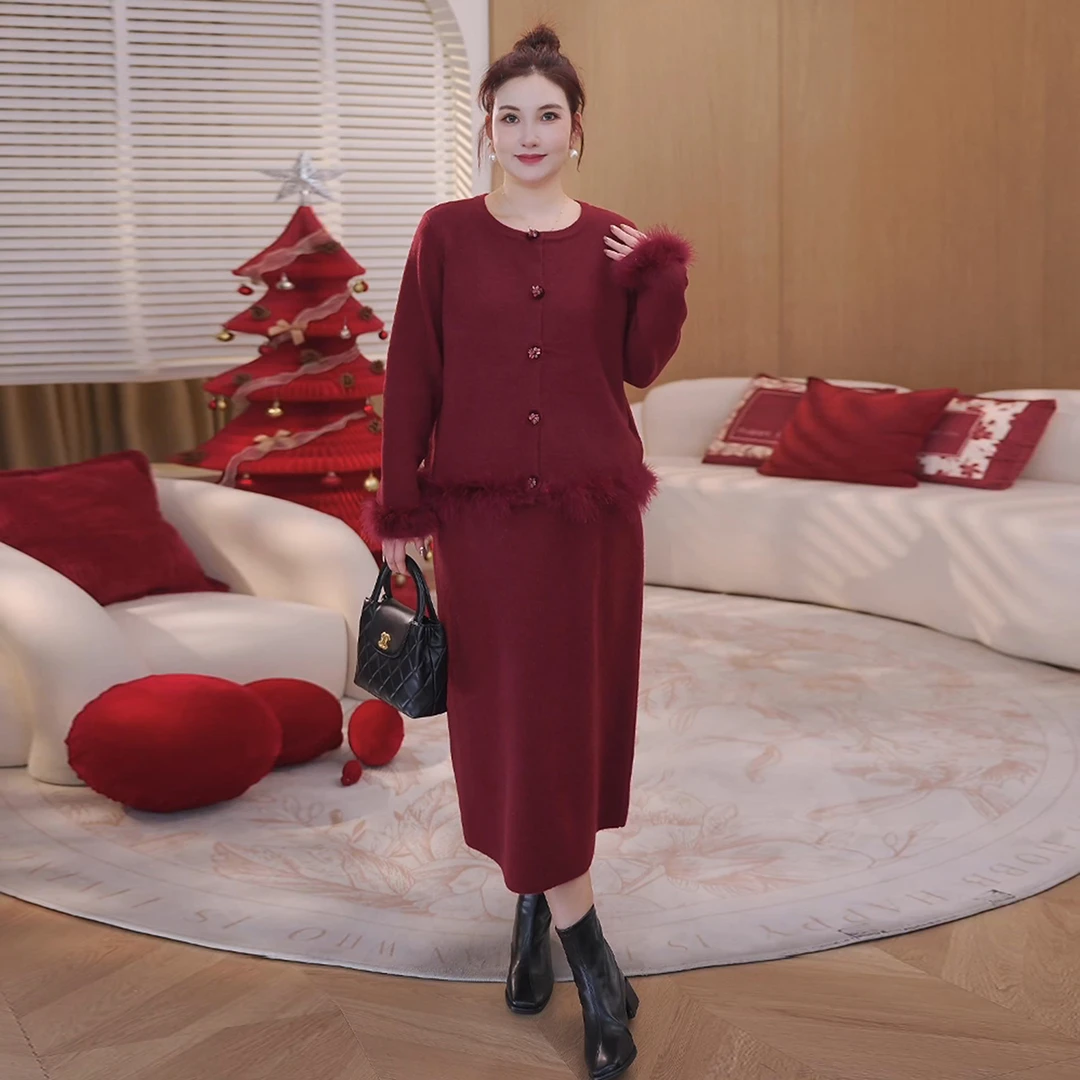 【18支北极绒】MsShe大码女装2025冬复古外套半身裙套装S~E2510030