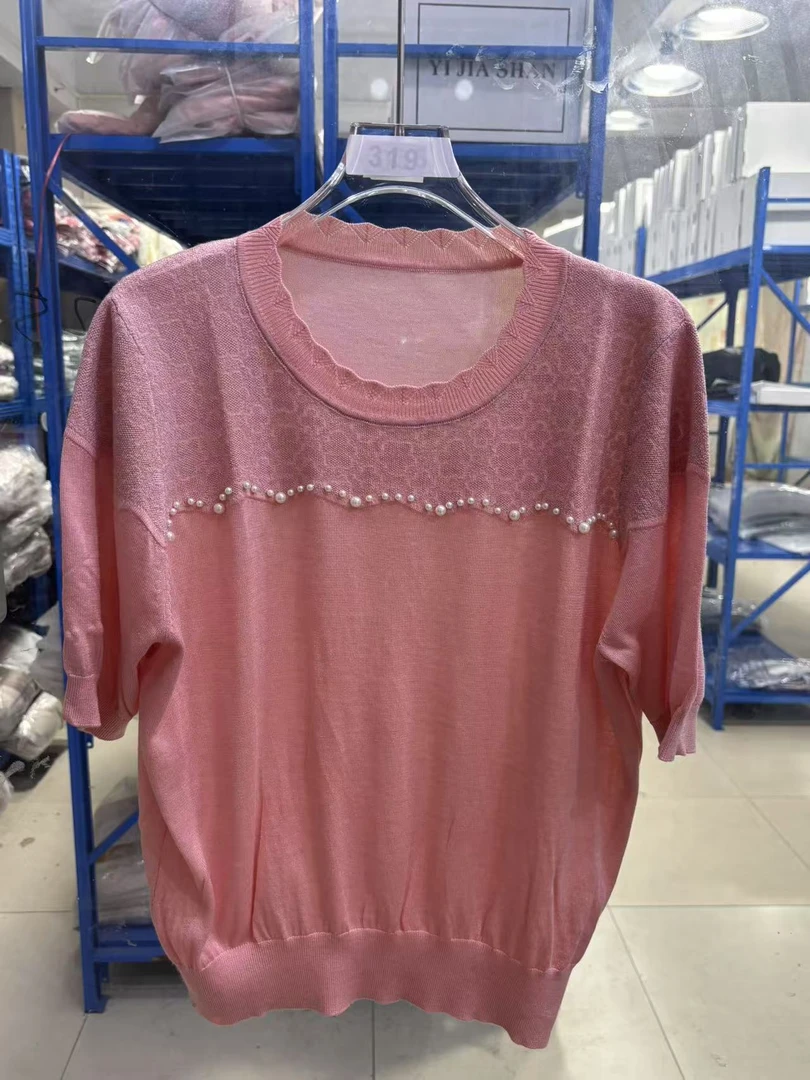 《68032》钉珠拼接针织衫T恤短袖女夏季2025薄款休闲显瘦半袖上衣