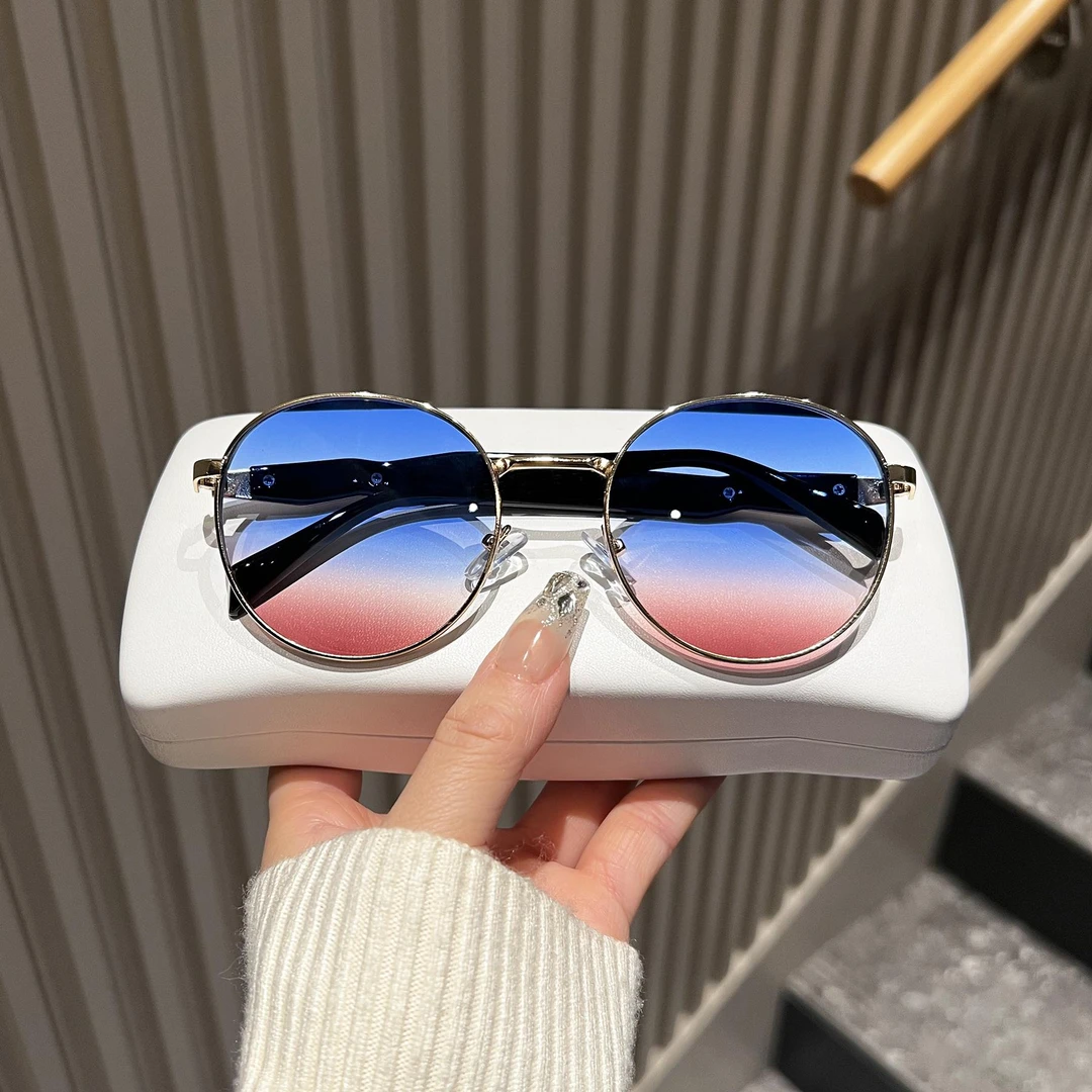 透蓝色圆框太阳眼镜女潮防紫外线海边拍照装饰凹造型墨镜时髦辣妹