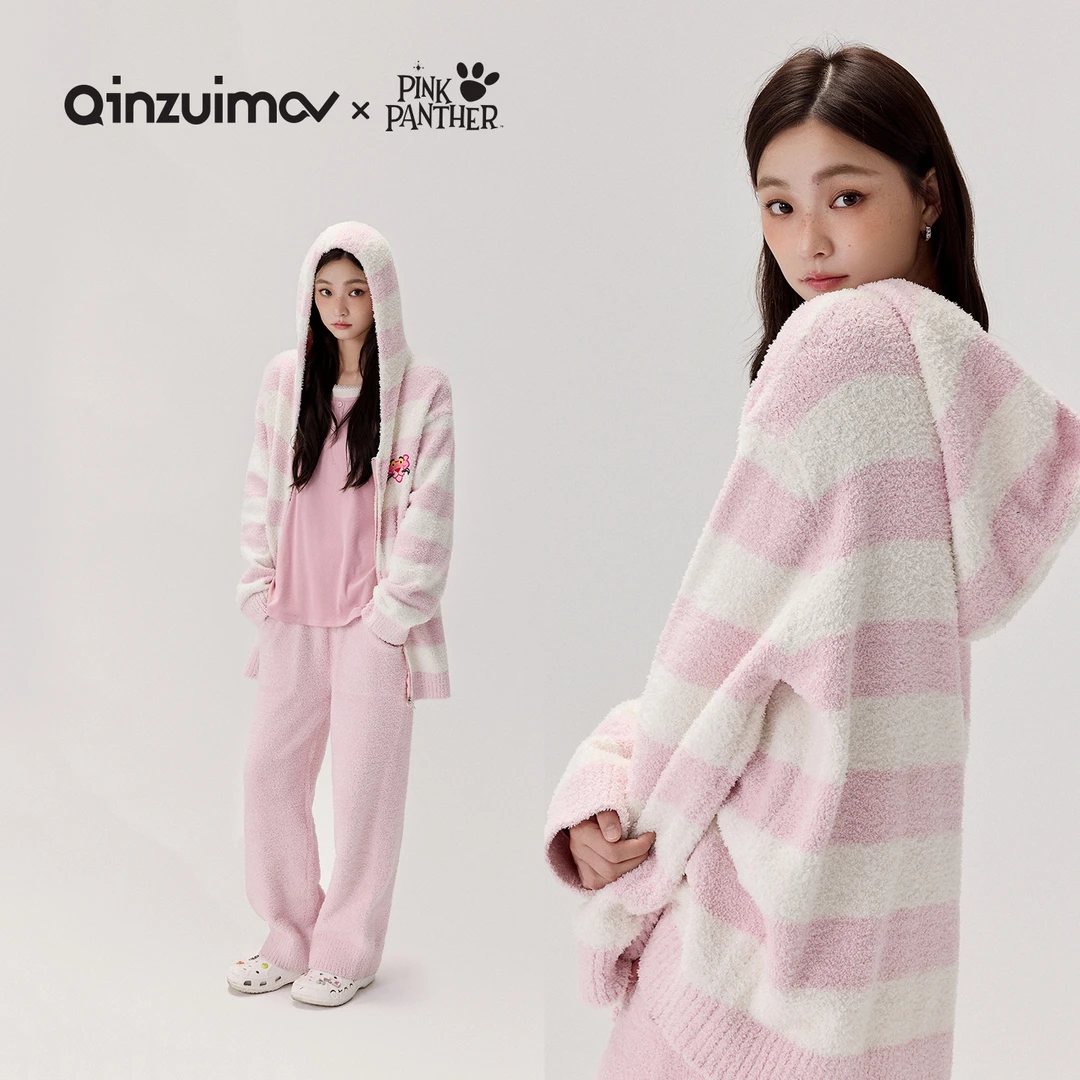 亲嘴猫【粉红豹】粉白条纹可外穿半边绒睡袍保暖家居服套装秋B59135