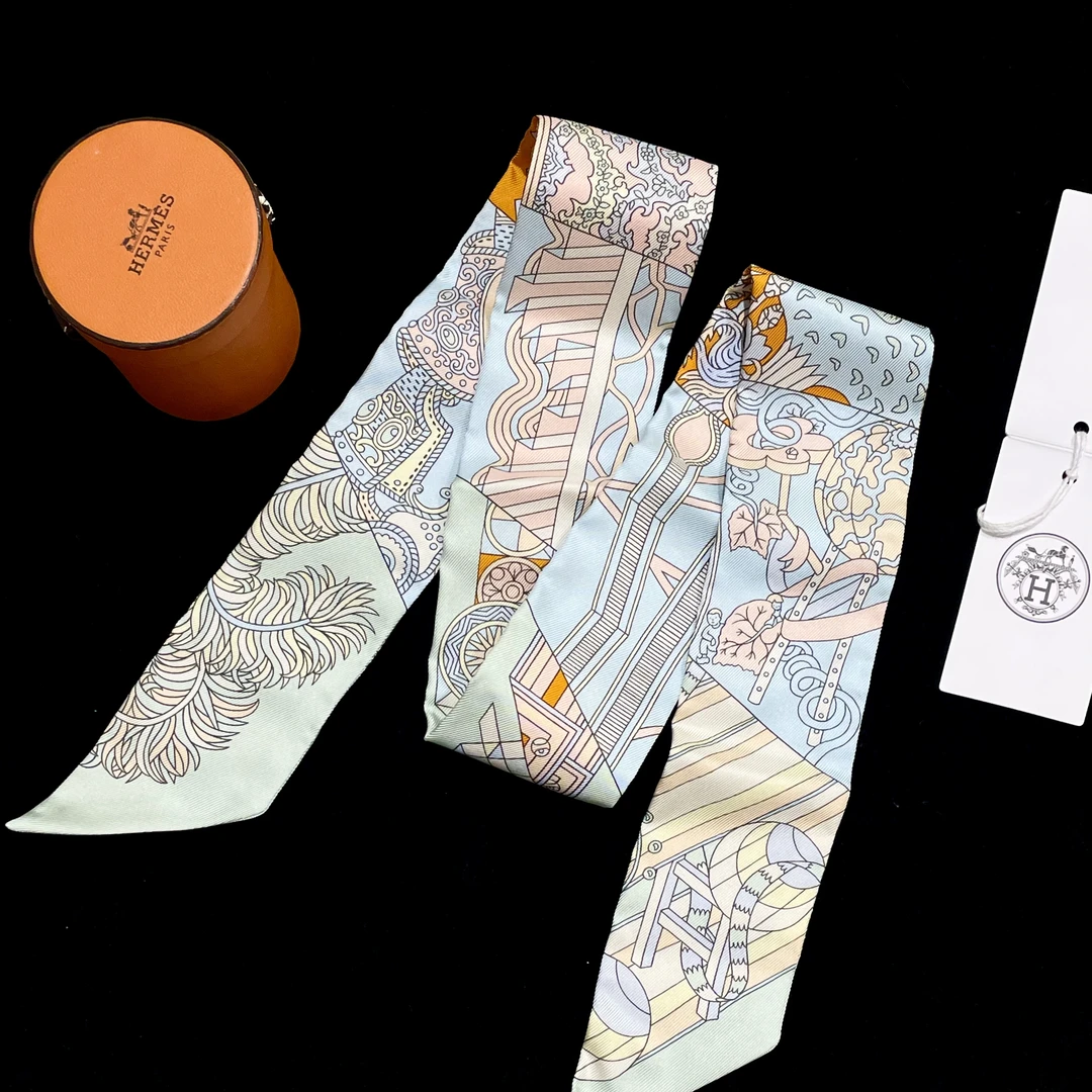 95新 Hermes/爱马仕 爱马仕粉蓝twilly丝巾全套 80629976