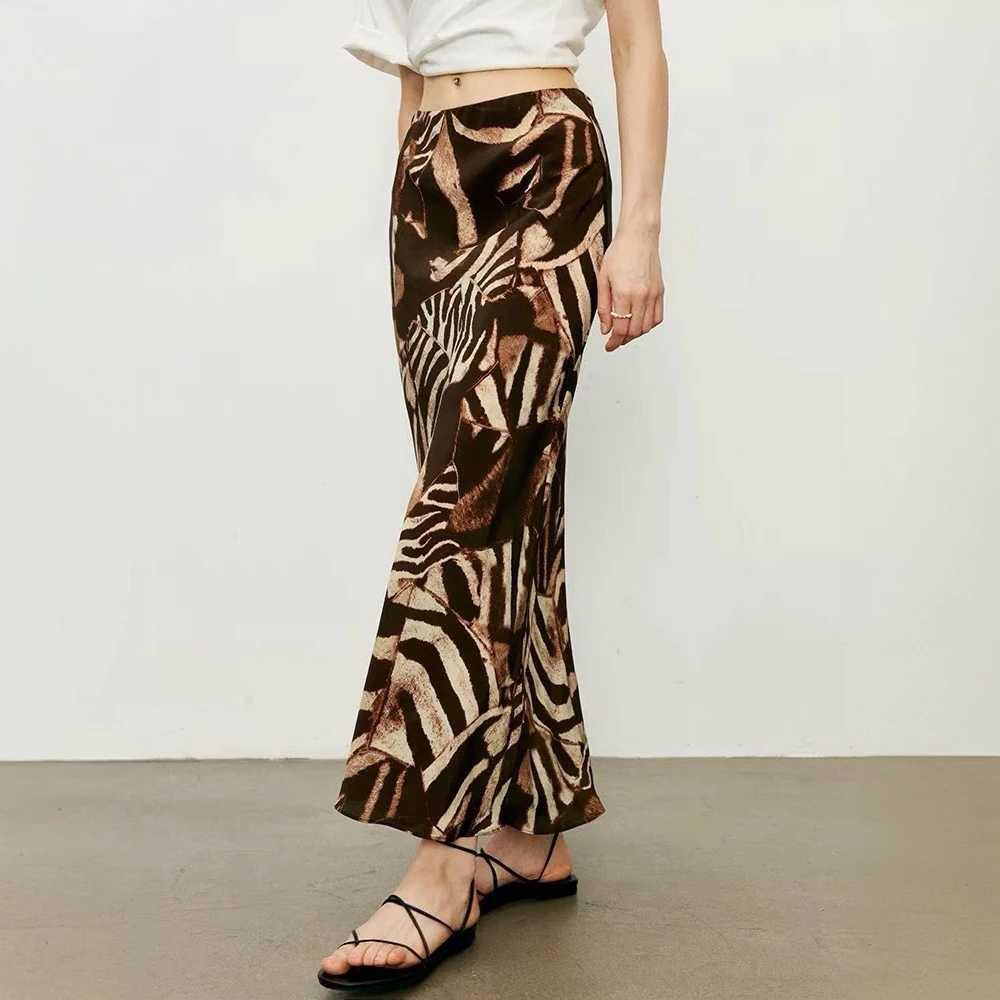 2025新品·棕斑马·美拉德色系 不规则斑纹修身长款斜丝真丝半裙