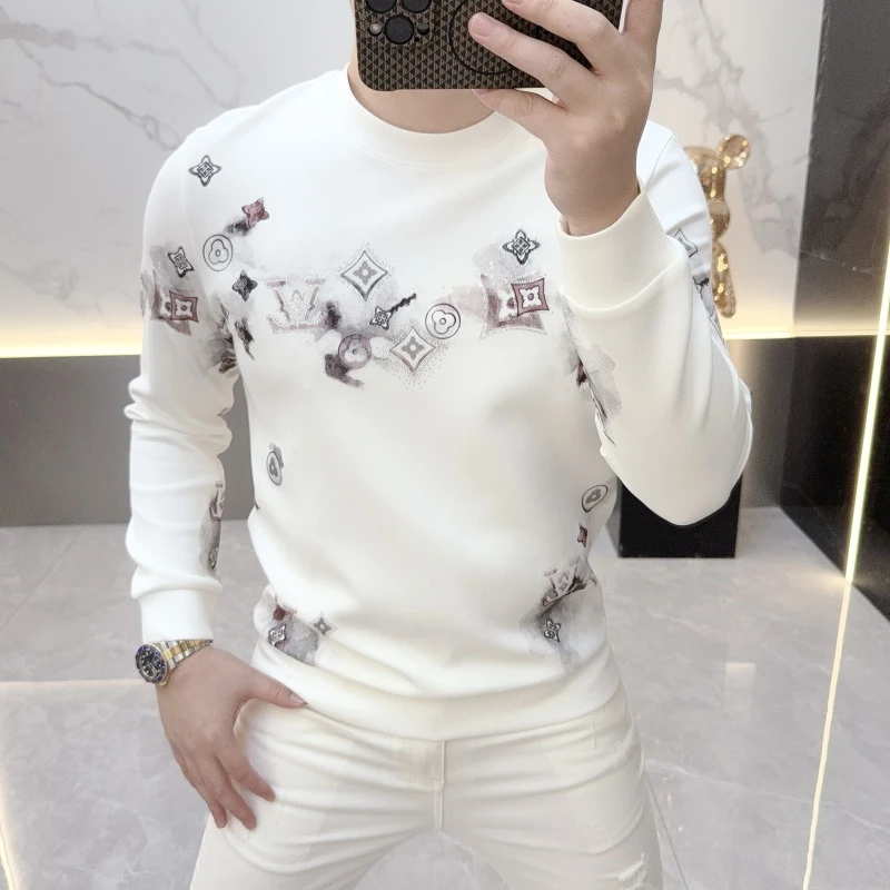 NDSL秋季新款轻奢欧货时尚小清新印花烫钻圆领长袖卫衣男打底衫潮