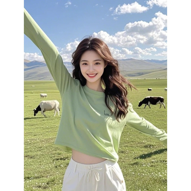 别致好看短款印花T恤绿色上衣春秋韩系chic设计感小众打底衫女