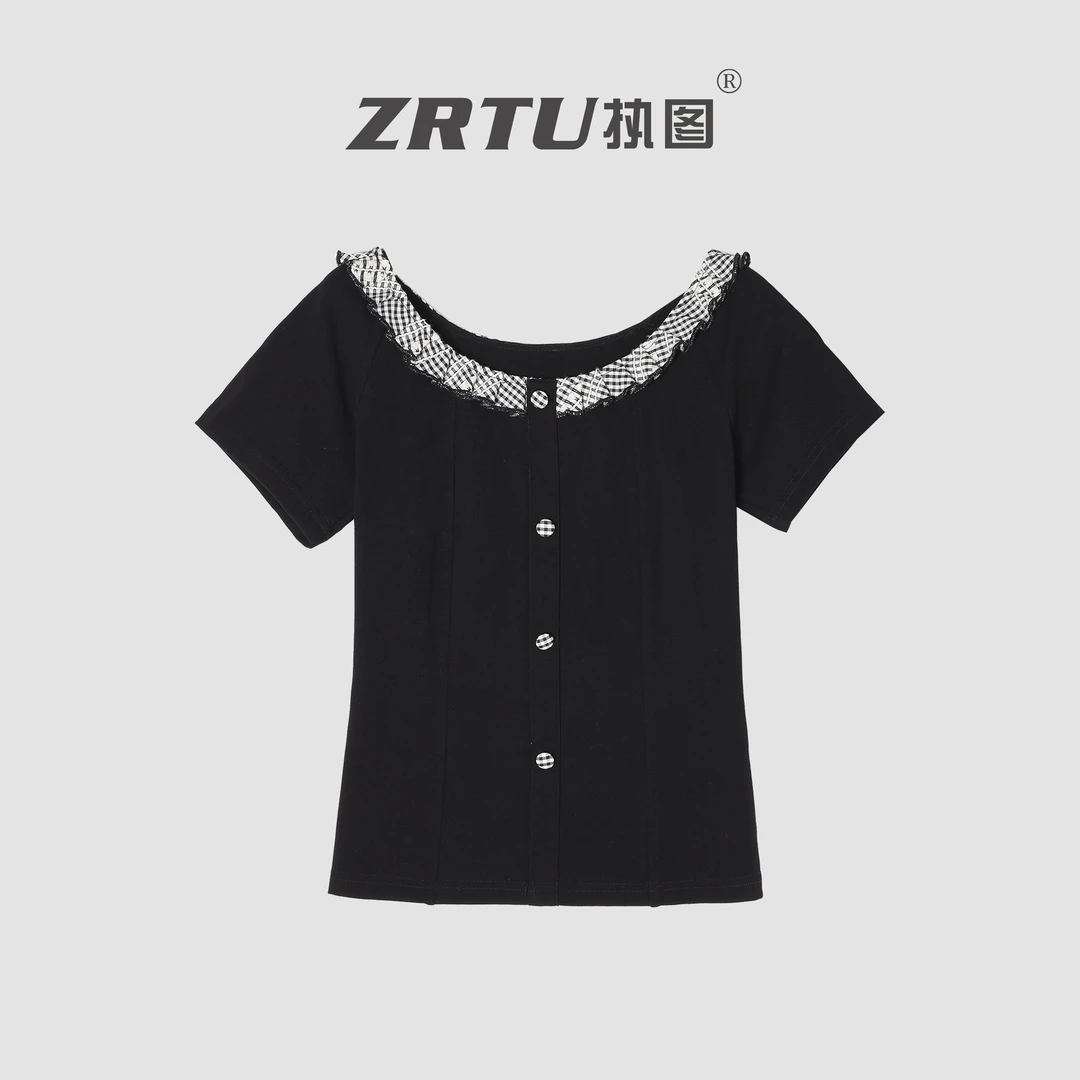ZRTU执图大圆领拼接木耳边短袖T恤高级气质夏装上衣女