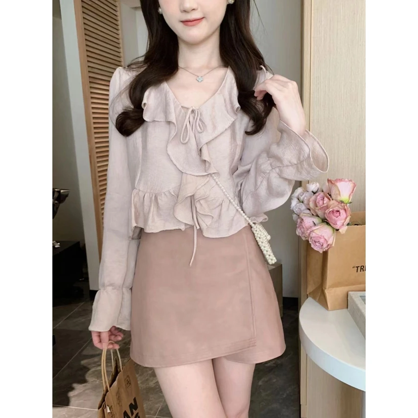 【年末青仓】安璃 温柔荷叶领时尚肌理感系带上衣 5591