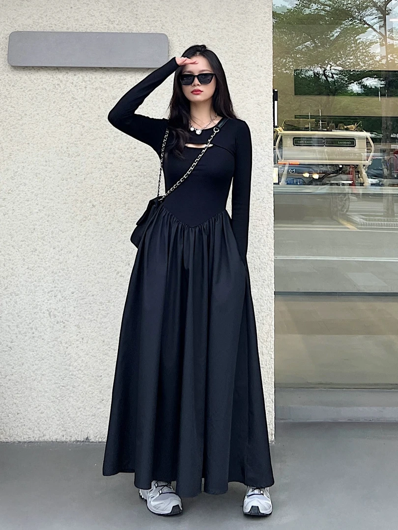 高腰长袖装秋季长裙连衣裙拼接时尚长款赫本风黑色裙子配大衣