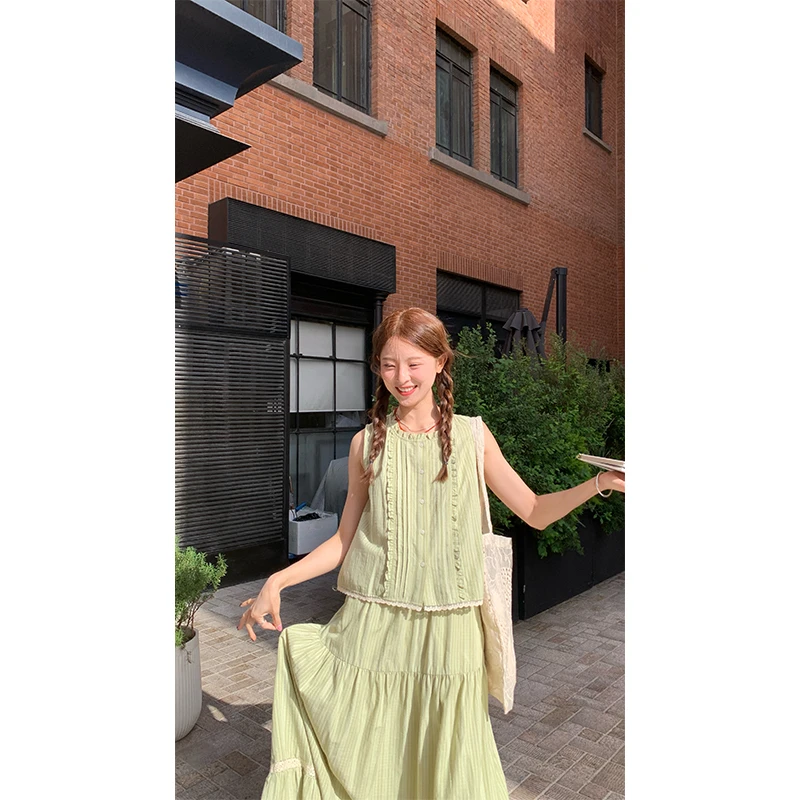 RAINY 甜美宽松少女感蕾丝花边套装夏季女格纹背心半身裙两件套