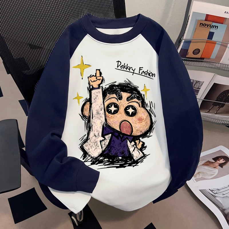 Dekkry日系可爱小新街头插肩t恤秋冬宽松纯棉长袖男女圆领打底衫