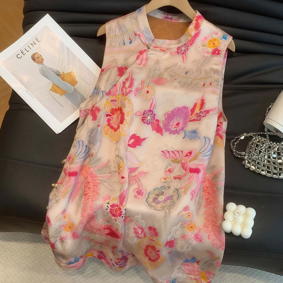 2025年夏季中长款时尚百搭印花新中式国风无袖上衣上衣复古马夹